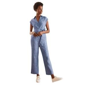 Boden Women's Catriona Linen Blue Chambray Jumpsuit Size 8 Tall Tie Belt Missing